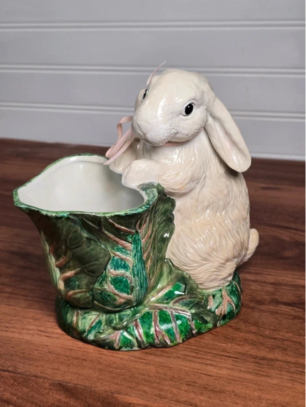 Vintage Ceramic Bunny Rabbit Cabbage Planter Easter Cottagecore Decor